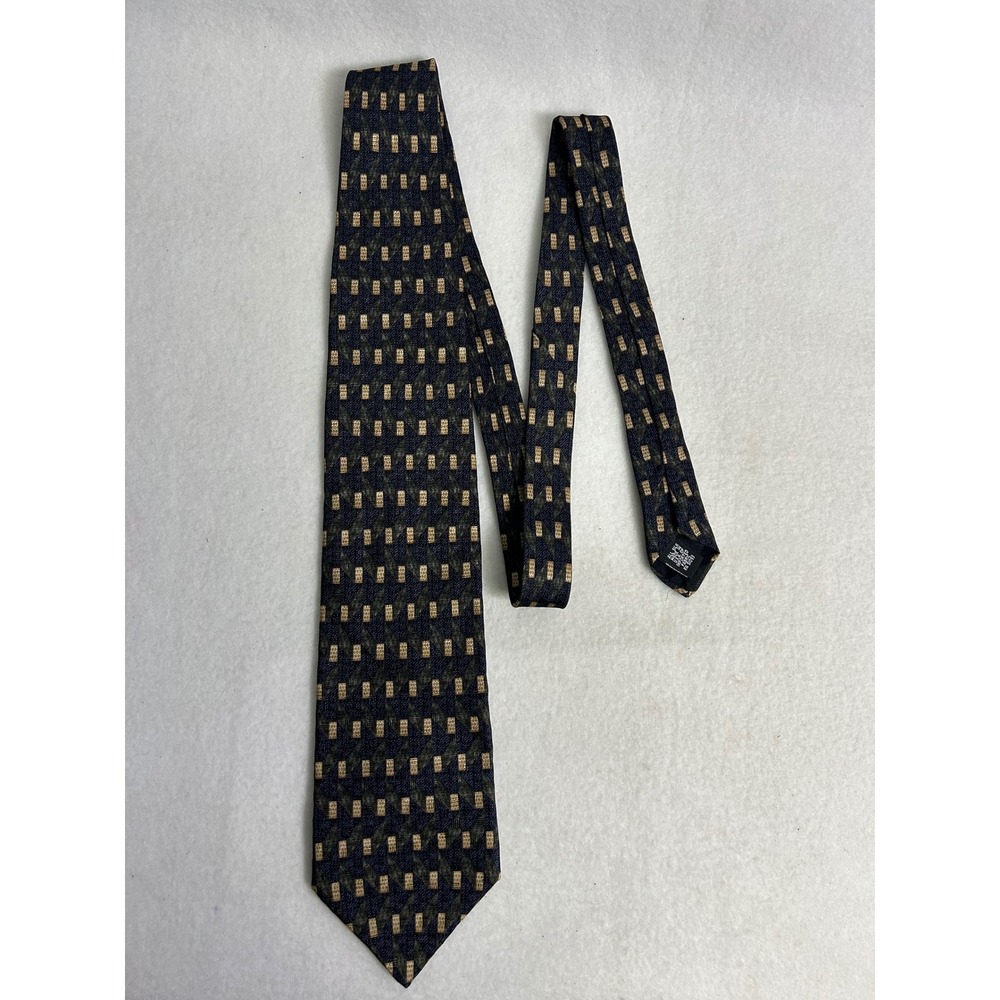 Vintage Corporate Haggar Mens OS Navy Gold Geometric Silk Classic Necktie 7432